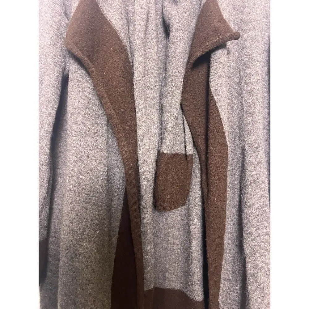 LRL WOMENS Wool Cashmere Open Front Cardigan Tie Gray Brown Sz S Long